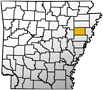 Map showing Cross County's location within the state of Arkansas.
